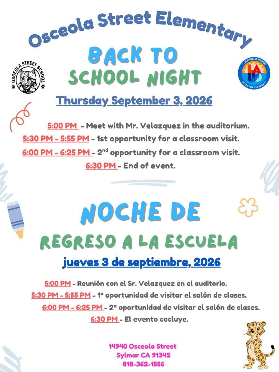 Back to School Night - September 3, 2026 from 5:00 p.m. - 6:30 p.m.